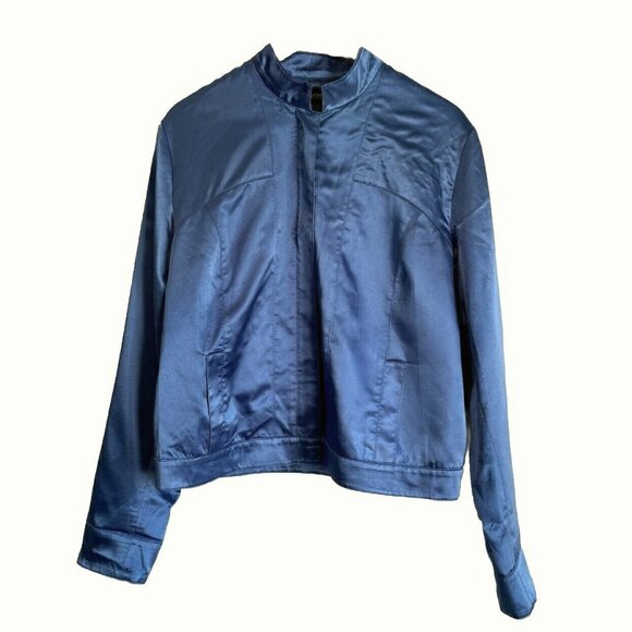J. Peterman Womens Postmodern Blue Satin Jacket Size 14 Flip Polka Dot Cuff Chic - Picture 1 of 11